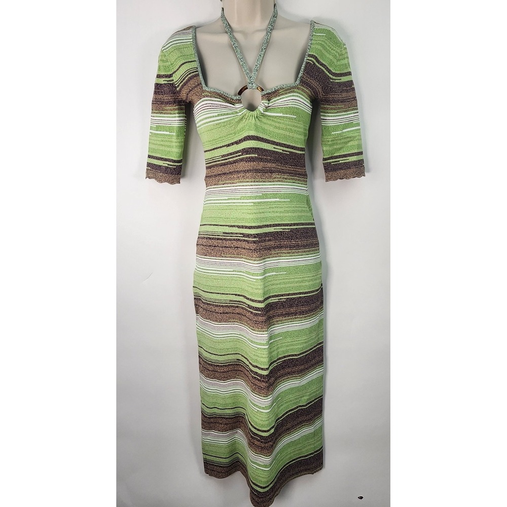 Veronica Beard Kante Knit Dress Women's XS Green Brown Bodycon Midi Stretch